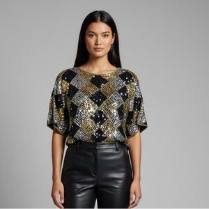 Vintage Silk Sequined Checkered Harlequin Top - Black, Gold, Silver